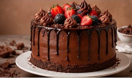 Rich chocolate drip cake topped with chocolate frosting swirls, strawberries, blueberries, and chocolate shavings on a white cake stand